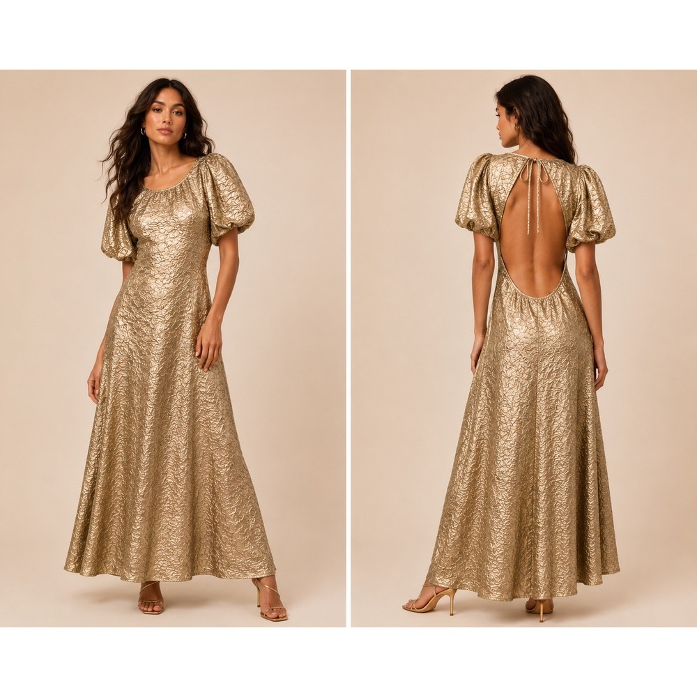 Lisa Says Gah Gold Metallic Textured Open Back Puff Sleeve Maxi Dress Size Xl